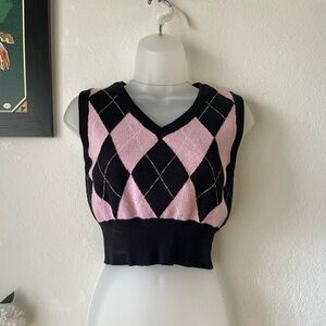 Pink and Black Argyle Knit Vest